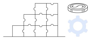 Yığılmış yapboz parçaları yapı ve planlamayı temsil ediyor, süreç için bir dişli ve madeni parayı sembolize ediyor. Takım çalışması, yenilik, sorun çözme, strateji, ticaret, büyüme için ideal