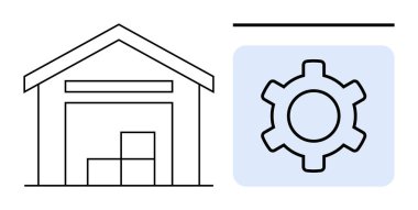 Bir vites simgesinin yanında istiflenmiş kutular olan depo binası. Lojistik, tedarik zinciri, depolama, otomasyon, envanter, depo yönetimi, basit iniş sayfası için ideal
