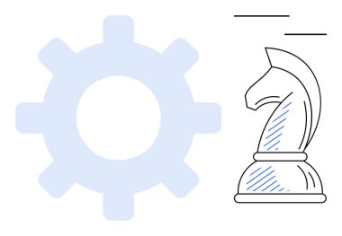 Dişli ve satranç şövalyesi stratejik düşünce ve mekanik tasarım arasındaki sinerjiyi vurgular. Problem çözme, planlama, takım çalışması, yenilik, liderlik, karar verme, düz metafor için ideal