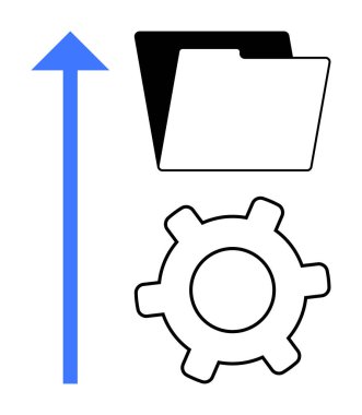 Büyümeyi, veri yönetimini, ayarları ve optimizasyonu temsil eden bir klasör ve teçhizatın yanındaki yukarı doğru mavi ok. İlerleme, iş akışı, iyileştirme, teknoloji, organizasyon yeniliği için ideal