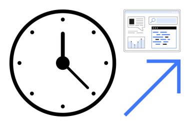 Zaman yönetimini gösteren saat, büyümeyi sembolize eden yukarı doğru mavi ok, veri analizi için web paneli. Üretkenlik, zaman izleme, iş büyümesi, analitik, planlama, verimlilik için ideal