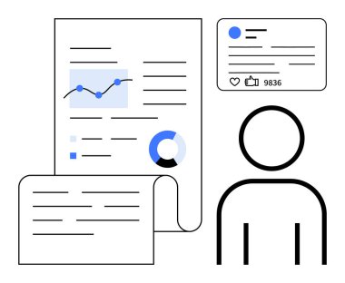 Analitik çizelge, nişan istatistikleri olan profil kartı stilize kişi simgesi, belge elemanları. Analiz, iş, profil yönetimi, sosyal medya için ideal, iletişim basit raporlar