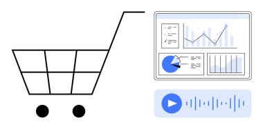 Alışveriş arabası sembolü, veri analizlerinin yanında grafikler, pasta grafikleri ve ses dalgası. E-ticaret, analitik, pazarlama, teknoloji, strateji, satış için ideal