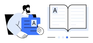 Bir adam bulmaca parçasını mektupla tutuyor, metin kompozisyonunu ve problem çözmeyi simgeliyor, açık bir kitabın yanında. Eğitim, öğrenme, içerik oluşturma, okur yazarlık, araştırma, takım çalışması için idealdir.