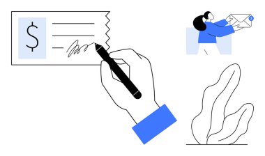 Çek imzalama, mavi arkaplan için zarf tutma ve soyut bitki çizimi. Finans, ödeme, iletişim, iş, sözleşmeler, posta ve basit iniş sayfası için ideal