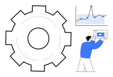 Veri grafiğine sahip dişli mekanizması ve elinde tablet bulunan kişi, teknolojiyi, ilerlemeyi ve veriye dayalı karar verme mekanizmasını simgeliyor. Yenilik, teknoloji, iş, analiz, süreç verimliliği için ideal