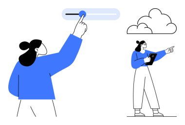 Sürgülü ile etkileşime giren bir kadın, bulutu işaret eden bir tablet daha. Teknoloji, veri yönetimi, bulut hesaplama, eğitim, yenilik, takım çalışması, basit iniş sayfası için ideal