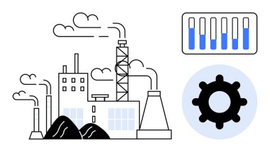Duman yayan fabrika, teknolojiyi temsil eden vites sembolü ve analizi gösteren bar tablosu. Sanayi, imalat, enerji, teknoloji, analitik, çevre sade iniş sayfası için ideal