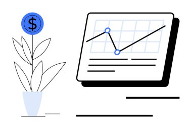 Bir grafiğin yanında büyüyen dolar işaretli bitki. Yükselen eğilim çizgisi finansal büyüme, ilerleme ve başarıyı temsil ediyor. Finans, yatırım, iş, veri, analitik ve planlama büyümesi için ideal