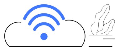 Bulut şekli, minimalist bitki tasarımının yanında belirgin kablosuz sinyaller yayar. Ağ oluşturma, bulut hesaplama, iletişim, bağlantı, veri transferi, depolama, basit iniş sayfası için ideal