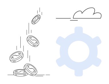Bozuk paralar büyük bir dişli ve basit bir bulut çizgisinin yanında hareket halinde iniyor. Finans, teknoloji, otomasyon, ekonomi, yenilik, bulut hesaplama ve endüstriyel temalar için idealdir. Düz basit metafor