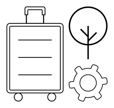 Çanta, ağaç ve vites ana hatları temiz tasarım seyahat, sürdürülebilirlik ve yenilikçiliği simgeliyor. Seyahat, doğa, çevre dostu uygulamalar, teknoloji sektörü büyümesi için ideal