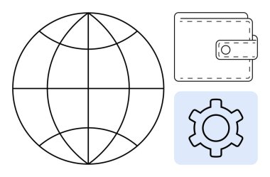 Küre, kopçalı cüzdan ve küresel bağlantıyı, dijital finansmanı ve teknik çözümleri simgeleyen teçhizat. Finans, teknolojik yenilik, küresel iletişim, kalkınma ticaret ekonomisi için ideal