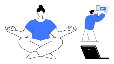 Nilüfer çiçeğiyle meditasyon yapan kişi sakin bir ifadeyle poz veriyor, diğeri video penceresini kaldırıyor, dizüstü bilgisayar aşağıda. Farkındalık, üretkenlik, dijital yaratıcılık, refah, iş-yaşam dengesi, uzaktan kumanda