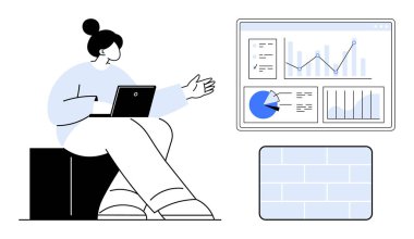 Bir dizüstü bilgisayarla görsel verileri analiz etmek ve istatistiksel grafikler, pasta grafiği ve analitik içeren bir ekrana işaret etmek. İş stratejisi, takım çalışması, eğitim ve sunum için ideal