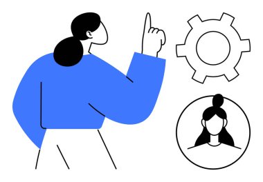 Bir dişli sembolü ve kullanıcı profili simgesinin yanında yukarıya bakan bir kadın. Teknoloji için ideal, kullanıcı arayüzü, yaratıcılık, beyin fırtınası, takım çalışması, yönetim, basit iniş sayfası