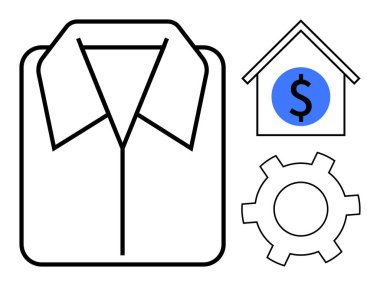 Tişört, dolar işareti ve vites simgesiyle eşleştirilmiş. İş, finans, yönetim, ev bütçesi, giyim endüstrisi, süreç otomasyonu, basit iniş sayfası için ideal