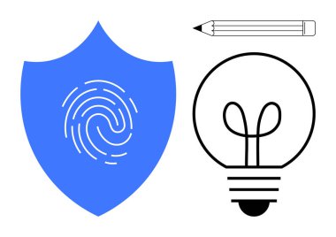 Parmak izli mavi kalkan, siyah ampul ve kalem birleşimi yenilik, koruma ve yaratıcı çözümleri çağrıştırıyor. Eğitim, teknoloji, güvenlik, beyin fırtınası tasarımı için ideal