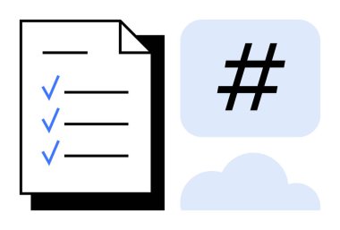 Üç mavi işaretli kontrol listesi, bir konuşma balonunda büyük meta veri etiketi sembolü ve bulut simgesi. Üretkenlik, görev organizasyonu, sosyal medya, bulut depolama, takım çalışması, basit planlama için ideal