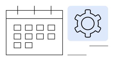 Zamanlama, planlama ve kişiselleştirmeyi sembolize eden bir dişli simgesine bitişik takvim ızgarası. Üretkenlik araçları, görev yönetimi, iş akışı optimizasyonu, otomasyon, teknoloji, dijital