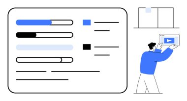 Dijital arayüzdeki ilerleme çubukları ve metin verileri, adamın mavi video çerçevesini ayarlaması, temiz ve minimal tasarım. Üretkenlik, iş akışı, analiz, veri takibi, kullanıcı arayüzü, öğrenme için ideal