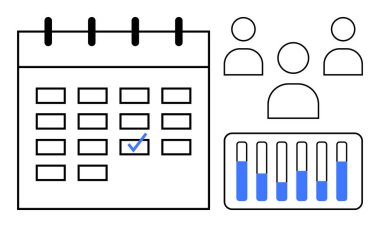 İşaretli tarihli aylık takvim, takım üyeleri simgeleri ve ilerleme kaydetmek için bar tablosu. Proje yönetimi, zamanlaması, işbirliği, üretkenlik, veri analizi, takım çalışması için ideal basit
