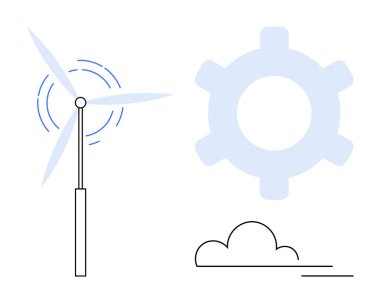 Rüzgar türbini enerji üretiyor, büyük çark yeniliği simgeliyor ve bulut temiz hava öneriyor. Sürdürülebilirlik, yeşil enerji, teknoloji, yenilik, yenilenebilir kaynaklar, eko