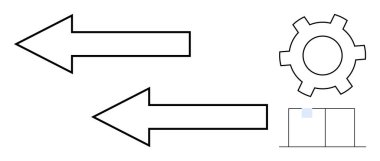 Yön gösteren iki ok, süreci sembolize eden bir dişli ve veriyi temsil eden bir bar tablosu. Çalışma akışı, güncellemeler, otomasyon, strateji, sistem entegrasyonu, geliştirme için ideal
