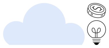 Bozuk para ve ampulün yanında mavi bulut finans, yenilik ve bulut teknolojisini sembolize ediyor. Kavramların ekonomiyi, yaratıcılığı, teknolojiyi, büyümeyi, düz metaforu kaydeden girişimleri desteklemek için idealdir