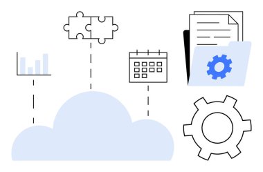 Bulut birleştirme parçaları, grafik, takvim, klasör ve teçhizat. Takım çalışması, iş akışı, bulut depolama, verimlilik veri otomasyonu için ideal basit iniş sayfası