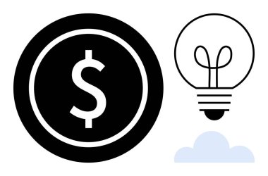 Dolar işareti madeni para, parlayan ampul ve bulut konsepti yenilik, finans, teknoloji, yaratıcılık, strateji, girişimcilik dijital dönüşümü görselleştiriyor. İş enerjisi için ideal