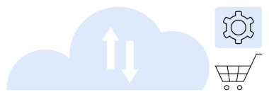 Yükleme okları, ayarlar için vites sembolü ve alışveriş arabası olan bir bulut. E-ticaret, bulut depolama, otomasyon, teknoloji çözümleri, dosya paylaşımı, dijital hizmetler için ideal