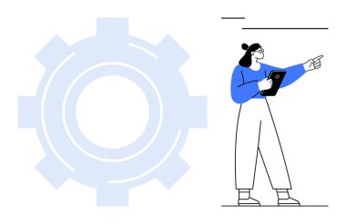 Modern tarzda elinde tablet olan ve işaret eden kadın, büyük vites, strateji, takım çalışması ve yenilik öneriyor. İş, teknoloji, planlama, beyin fırtınası, eğitim için ideal