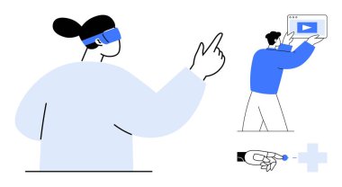 VR kulaklıklı şahıs ileri işaret ediyor, başka bir dijital ekranda oynatma düğmesi var, elle temas teknolojisi var. Teknoloji eğitimi için ideal, dijital araçlar, yenilik, etkileşim, kullanıcı