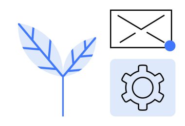 Yaprak sürdürülebilirliği, zarf iletişimi simgeliyor ve dişli ayarları veya işlem optimizasyonunu simgeliyor. Ekoloji, teknoloji, e-posta hizmetleri, yenilik ve verimlilik için ideal