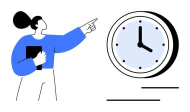 Zaman yönetimini vurgulamak için saate işaret ederken elinde klasör tutan kadın. Üretkenlik, teslim tarihleri, dakiklik, iş odaklanma, hedef belirleme, zamanlama, düz basit metafor