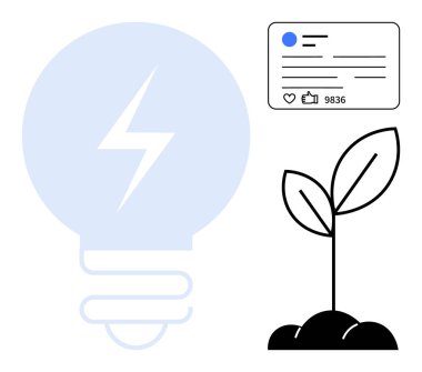 Enerji cıvatalı ampul, toprakta filizlenen bitki ve başparmakları ve yorumları olan sosyal medya paylaşımı. Sürdürülebilirlik, enerji, çevre dostu teknoloji, sosyal medya etkisi, büyüme zihniyeti için ideal