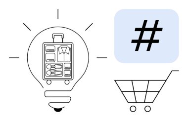 Seyahat çantası bir ampulün içinde, meta veri etiketi mavi karede, alışveriş arabasının ana hatları. Yenilik için ideal, çevrimiçi alışveriş, turizm, pazarlama, e-ticaret, sosyal medya sade iniş sayfası