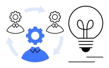 Birbirine bağlı okları olan mavi ve siyah dişli başlıklar takım çalışmasını, yaratıcılığı ve problem çözmeyi bir ampulü işaret ediyor, yeniliği sembolize ediyor. İşbirliği, fikirler ve proje için ideal