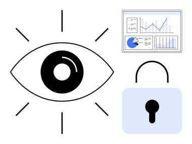 Analitik gösterge paneli ve asma kilit güvenlik, şeffaflık ve güven ile bağlantılı bir göz simgesi. Gizlilik için ideal, siber güvenlik, veri takibi, izleme, iş anlayışı, basit analizler