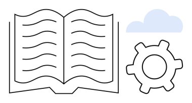 Bir vites ve bulut grafiğinin yanında akan metin satırları olan açık bir kitap. Öğrenme, yenilik, yaratıcılık, teknoloji, araştırma, gelişme, eğitim modern iletişim için idealdir. Düz basit