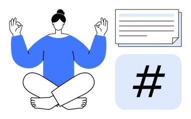 Oturarak meditasyon, çizgilerle notlar ve meta veri sembolü. Farkındalık, üretkenlik, sosyal medya, yaratıcılık, organizasyon, sakin odaklı basit iniş sayfası için ideal