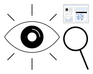 Odaklanmış ışınlar, büyüteç ve web arama sonuçları olan bir göz sembolü. Araştırma, veri analizi, vizyon, berraklık, yenilik, gözlem eğitimi ve basit bir iniş sayfası için ideal