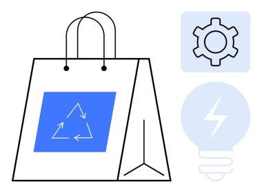 Geri dönüşüm sembolü mavi, işlem için vites simgesi ve yenilik ve enerjiyi sembolize eden ampul ile yeniden kullanılabilir alışveriş torbası. Sürdürülebilirlik, eko-ticaret, yeşil enerji ve dış ticaret için ideal