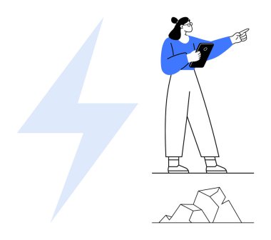 Elinde tablet tutan bir kadın, yıldırım ve kayalık bir arazinin yanında duruyor. Enerji, planlama, liderlik, yenilik, strateji, güç, basit iniş sayfası için ideal