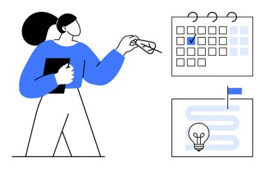 Elinde defter tutan bir kadın, işaretli görevleri olan bir takvim ve fikirler için ampullü bir proje haritasını inceliyor. Zamanlama, hedef belirleme, planlama, zaman yönetimi, proje izleme için ideal