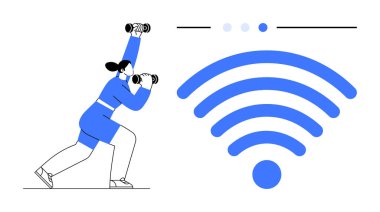 Kadın geniş bir kablosuz sinyal sembolü ve ilerleme çubuğunun yanında halterle halterleri kaldırıyor. Fitness, bağlantı, teknoloji, çevrimiçi eğitim, sağlık uygulamaları, uzaktan işbirliği, basit