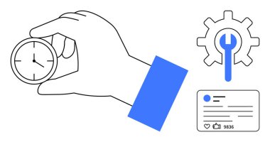 Kronometre tutan bir el, İngiliz anahtarı olan bir vites ve başparmaklar ikonlu bir sosyal medya iletisi. Üretkenlik, zaman yönetimi, iş akışı optimizasyonu, sosyal katılım, takım işbirliği için ideal