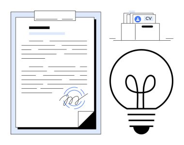İmzalanmış belge, CV etiketli klasör, yenilik için ampul. İş, kariyer, adam toplama, sözleşmeler, yaratıcılık verimliliği kişisel gelişim için idealdir. Düz basit metafor