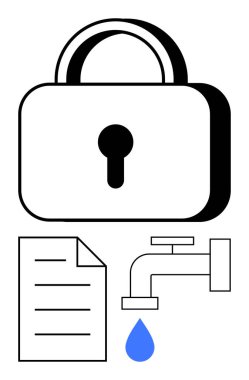 Kilitli asma kilit, belge ve musluk, veri gizliliğini, bilgi güvenliğini ve potansiyel sızıntıyı simgeliyor. Siber güvenlik, mahremiyet, sızıntı önleme, dijital güvenlik için ideal